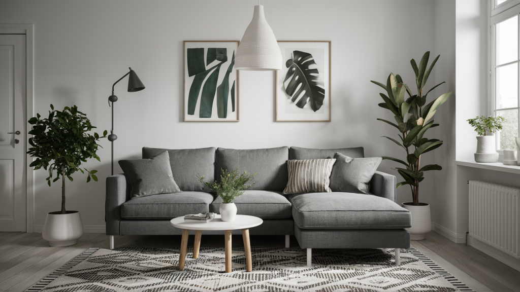 A Scandinavian-style living room with simple indoor plants