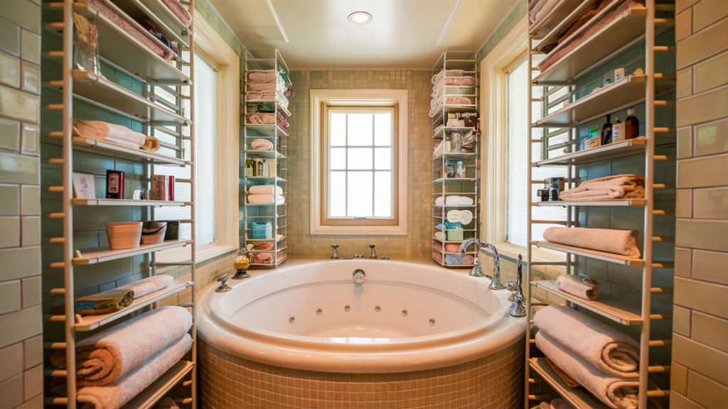 A beautifully designed small bathroom with a spacious, deep soaking tub