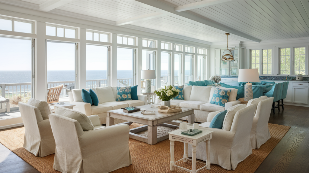 A bright and airy coastal living room with expansive windows