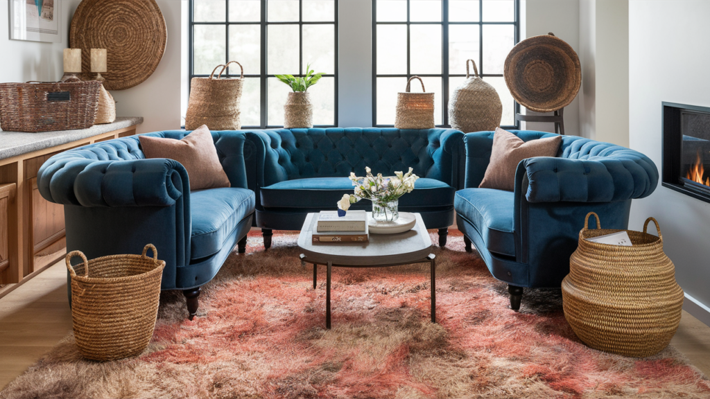 A chic and cozy living room featuring a beautiful tufted velvet sofa