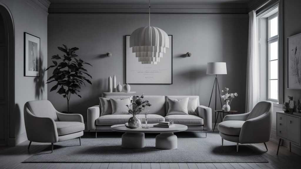 A chic monochromatic living room in shades