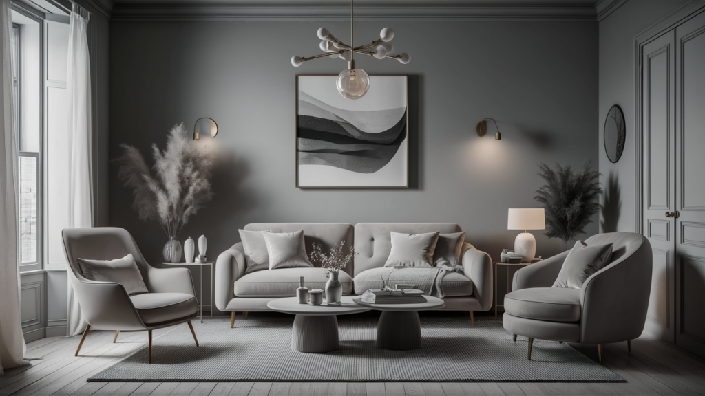 A chic monochromatic living room in shades of soft gray