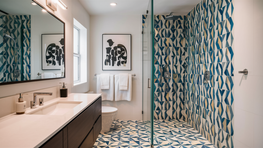 A compact bathroom renovation with sleek, contemporary fixtures, a large walk-in shower