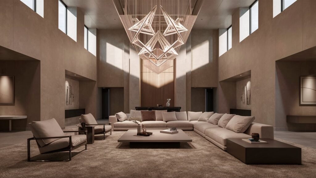 A contemporary living room with soaring high ceilings