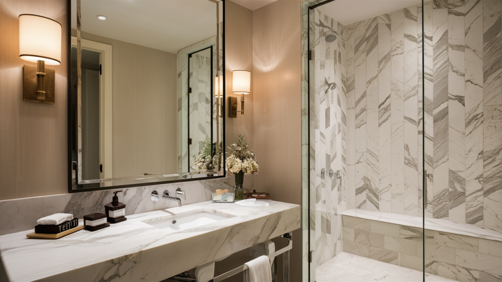 A contemporary luxury bathroom with a marble countertop