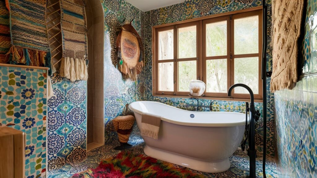 A cozy and eclectic bathroom design