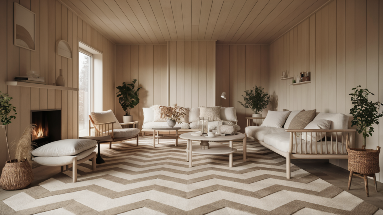 A-cozy-and-stylish-Scandinavian-inspired-living-room-featuring-a-large-chevron-patterned-rug-in-soft-neutral-tones.