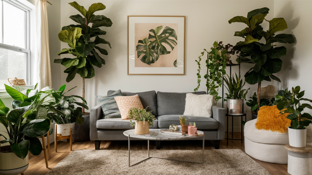 A cozy living room with a variety of indoor plants