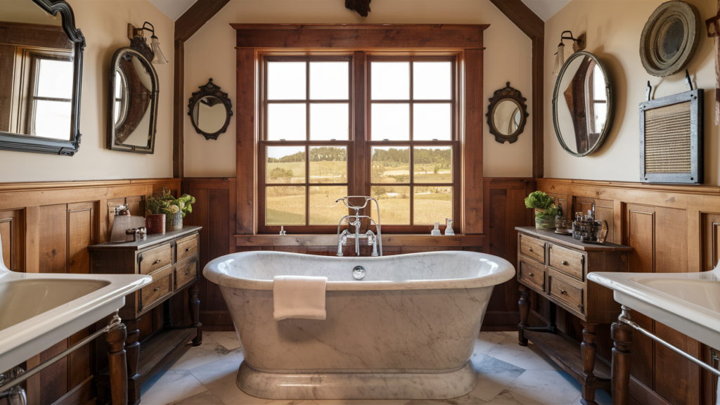 A cozy, rustic farmhouse bathroom