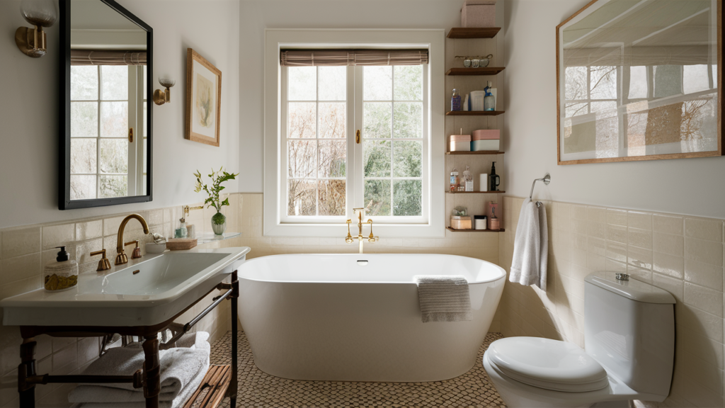 A cozy small bathroom with a deep soaking tub