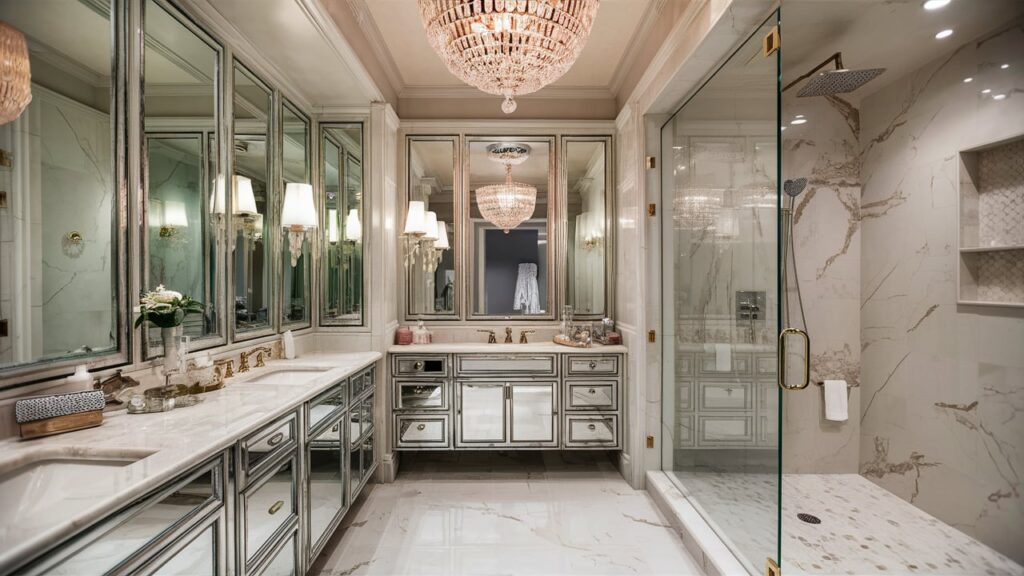 A glamorous luxury bathroom featuring mirrored cabinets