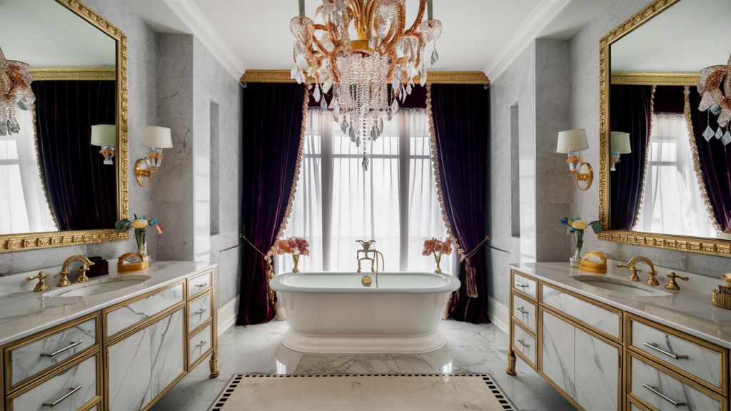 A glamorous luxury bathroom with a grand chandelier