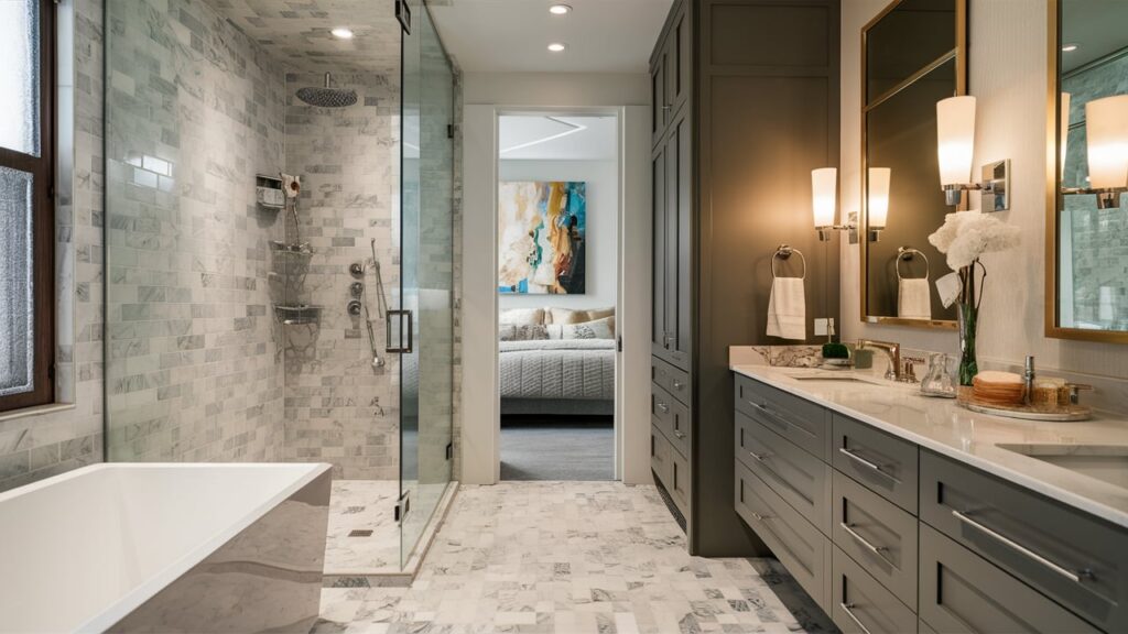 A high-end bathroom featuring a marble