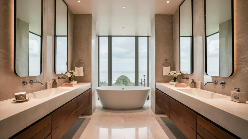 A high-end modern bathroom featuring a double vanity