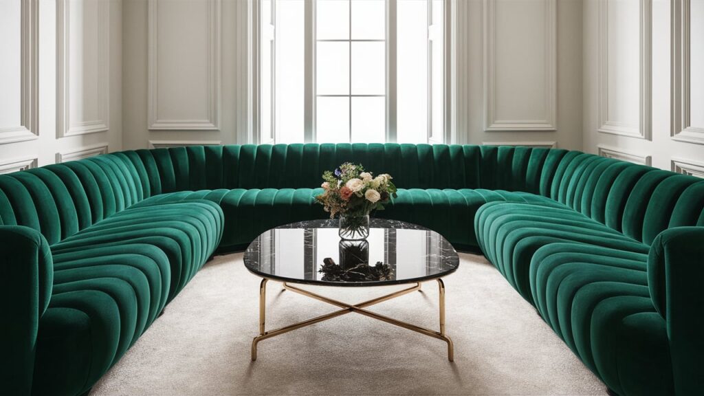 A luxurious and stylish living room with a plush green velvet