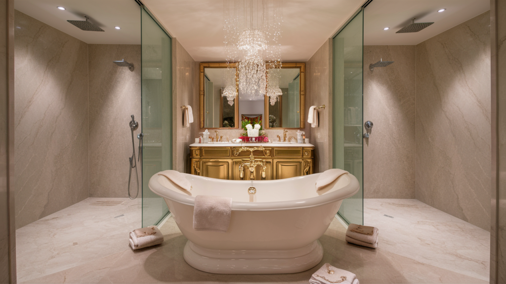 A luxurious bathroom space, featuring a stunning freestanding 