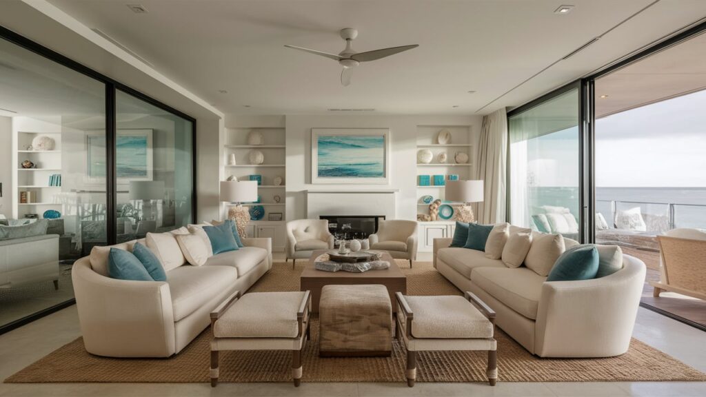 A luxurious coastal living room with sleek