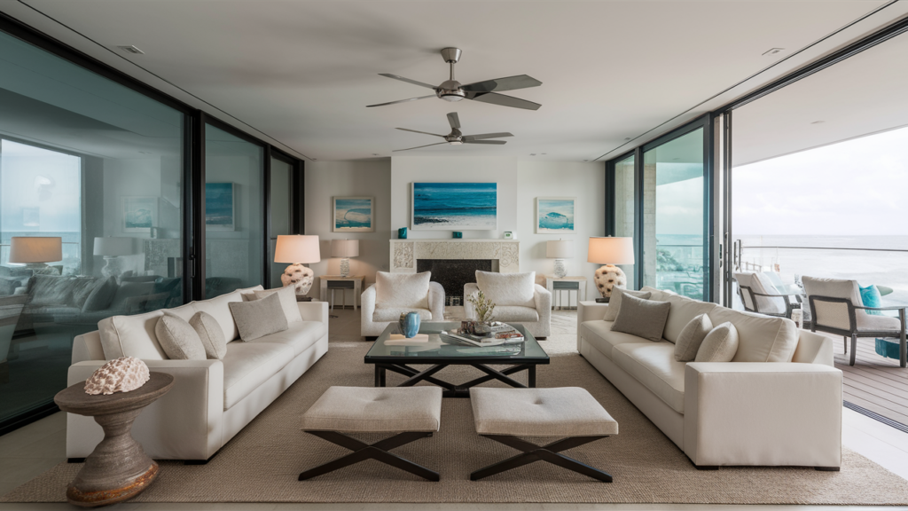 A luxurious coastal living room with sleek, modern furniture, ,