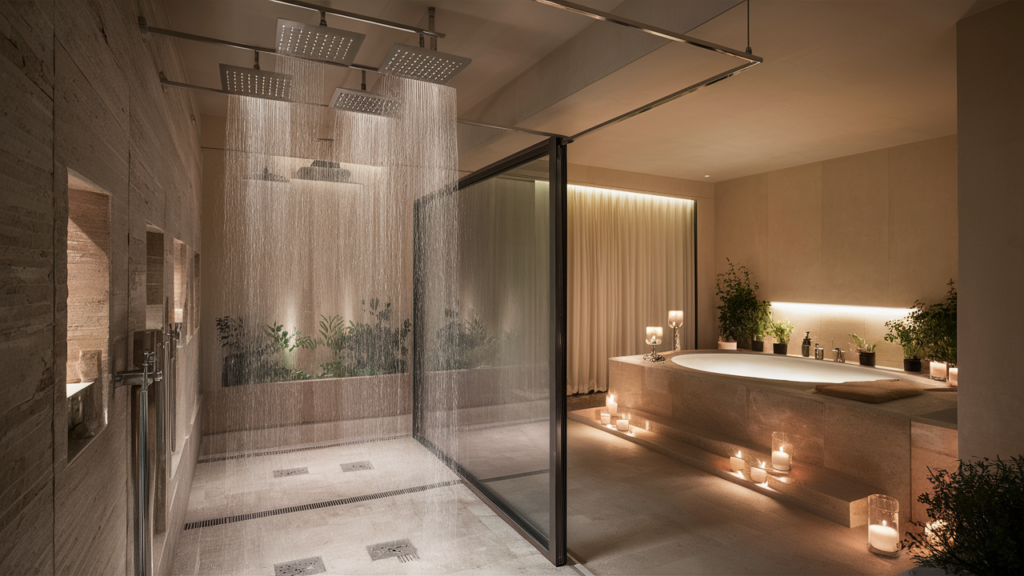 A luxurious modern bathroom design with a sleek, minimalist aesthetic.