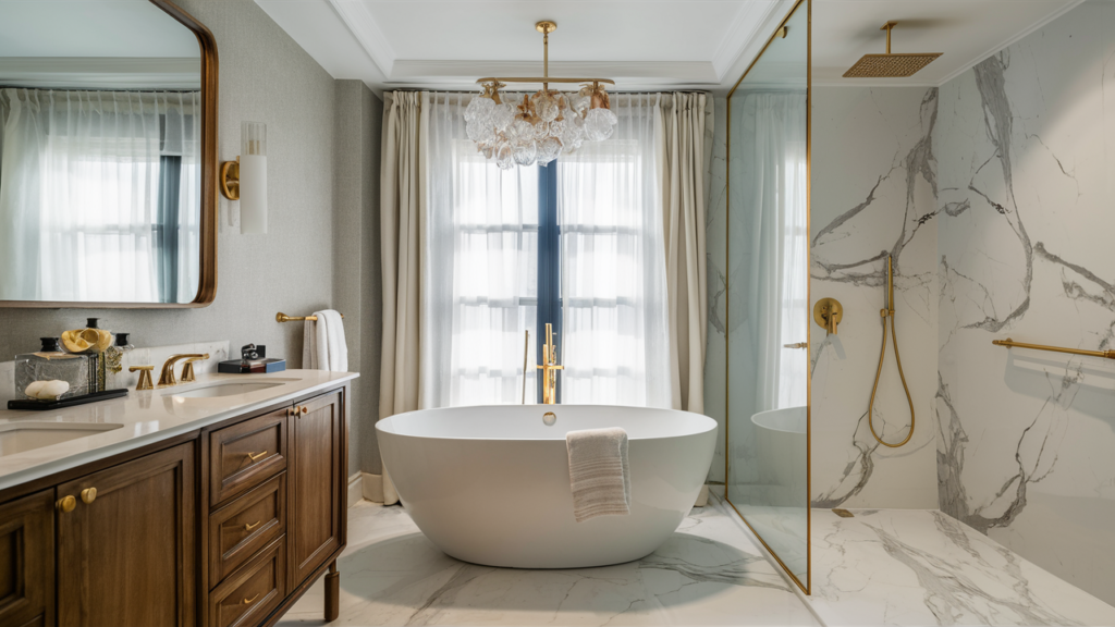 A luxury bathroom with a freestanding soaking tub