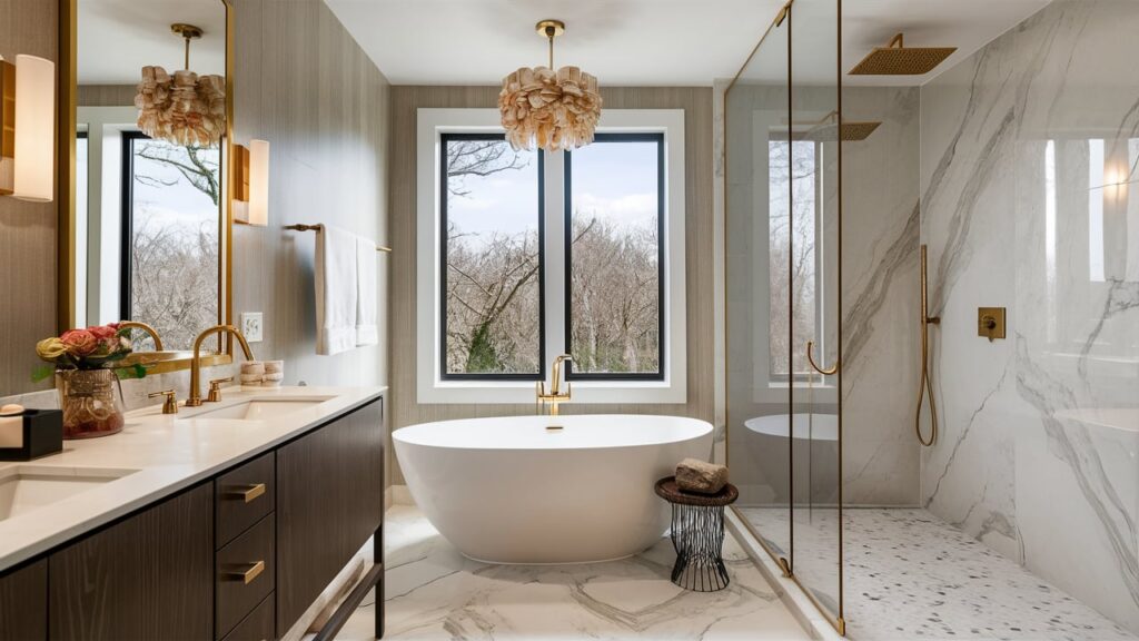 A luxury bathroom with a freestanding soaking tub and gold accents