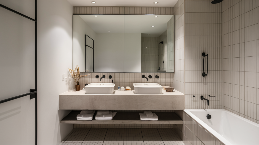 A minimalist bathroom with a floating vanity