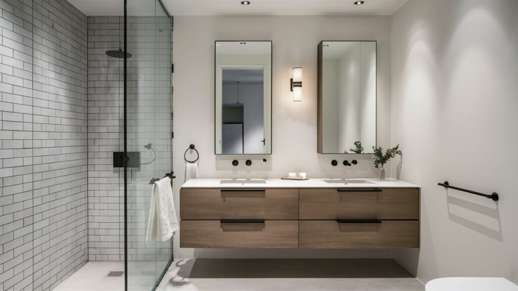 A minimalist bathroom with a floating vanity, simple white tiles