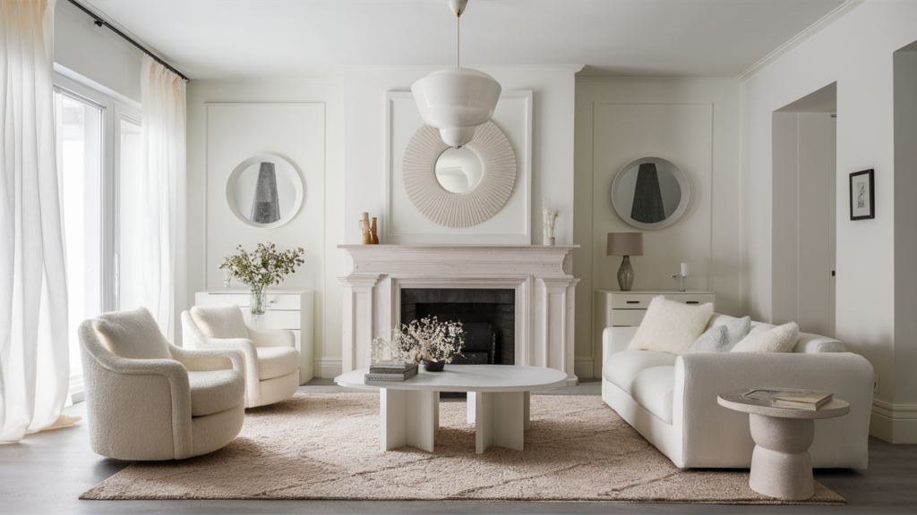 A minimalist monochromatic living room in all-white, with clean lines,