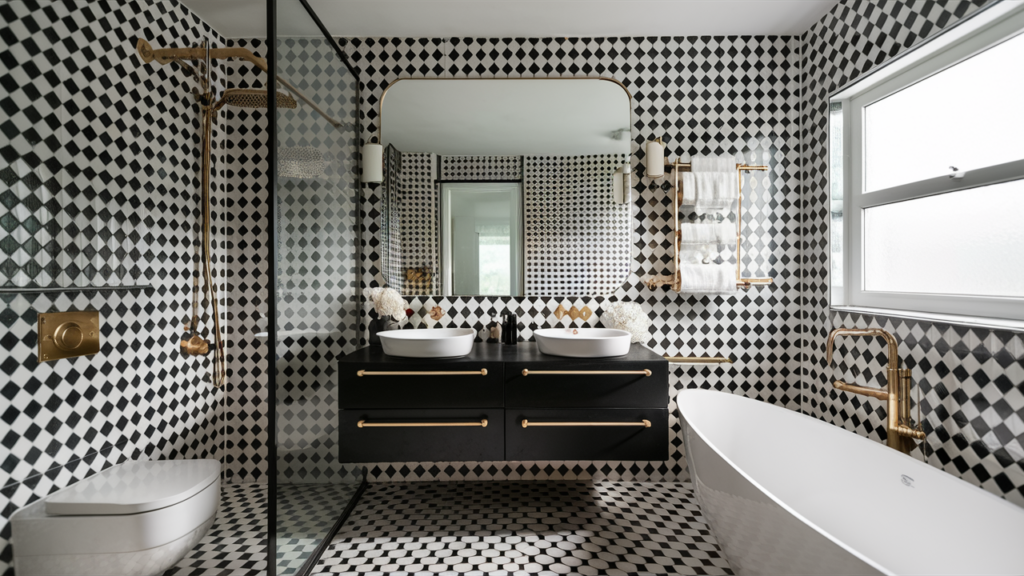 Bathroom with black and white tiles