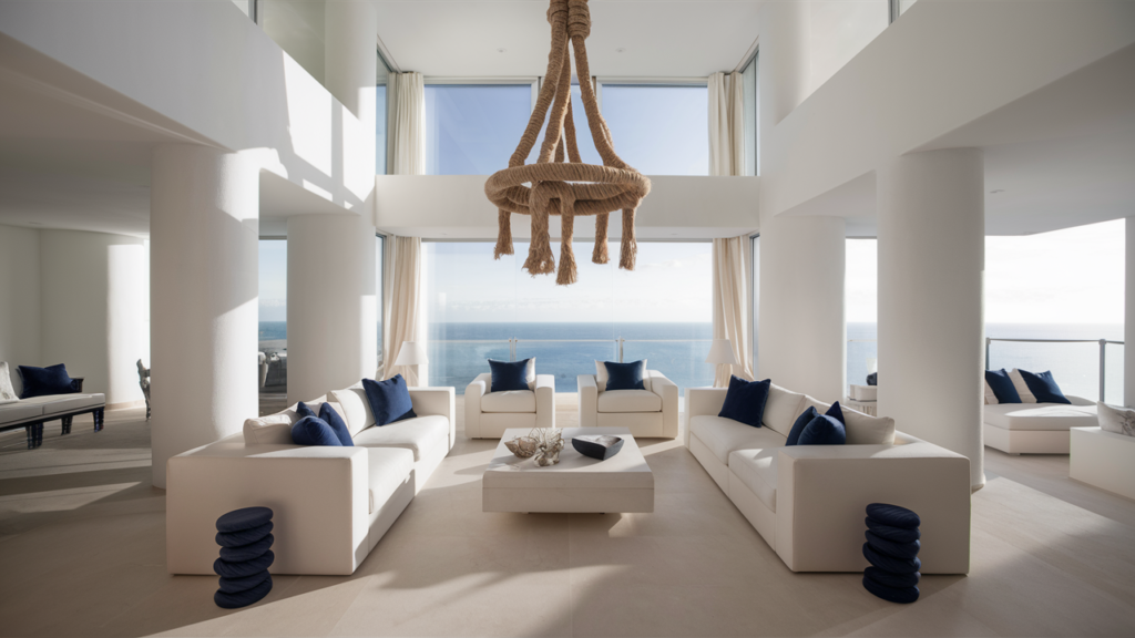 A modern coastal living room with clean lines, sleek furniture