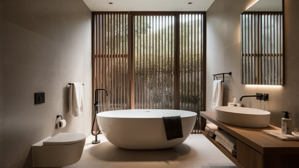 A modern minimalist bathroom with a freestanding soaking tub