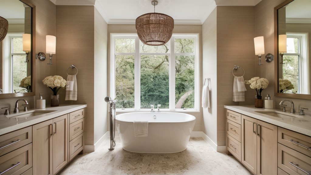 A relaxing spa-inspired bathroom featuring a soft, neutral color