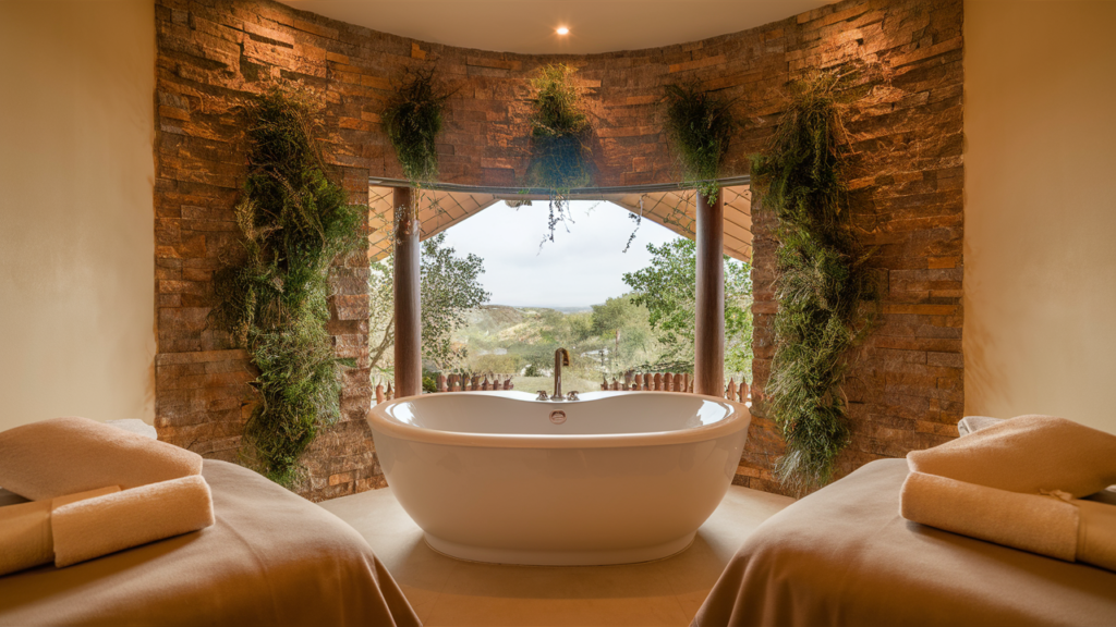 A serene and luxurious nature-inspired spa bathroom