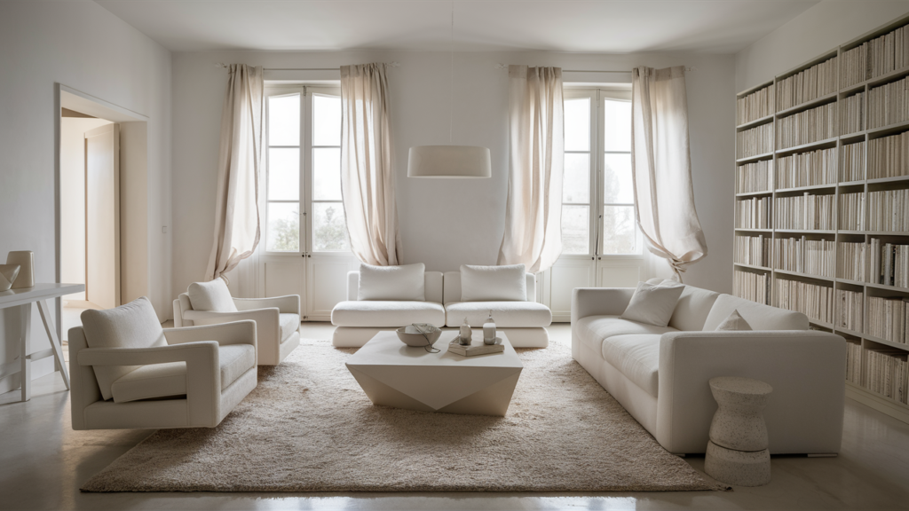 A serene and minimalist monochromatic living room