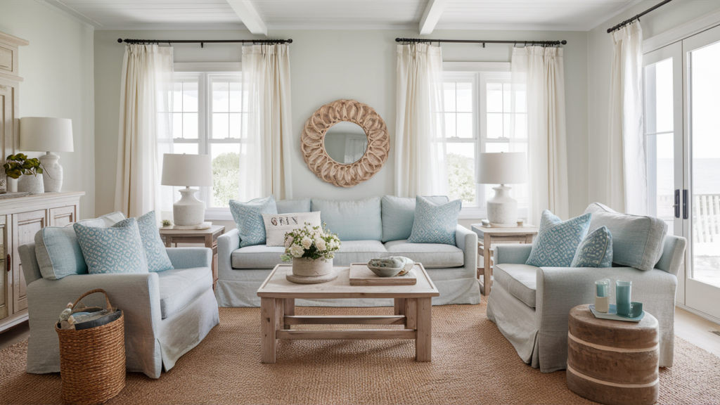 A serene coastal living room with soft blues