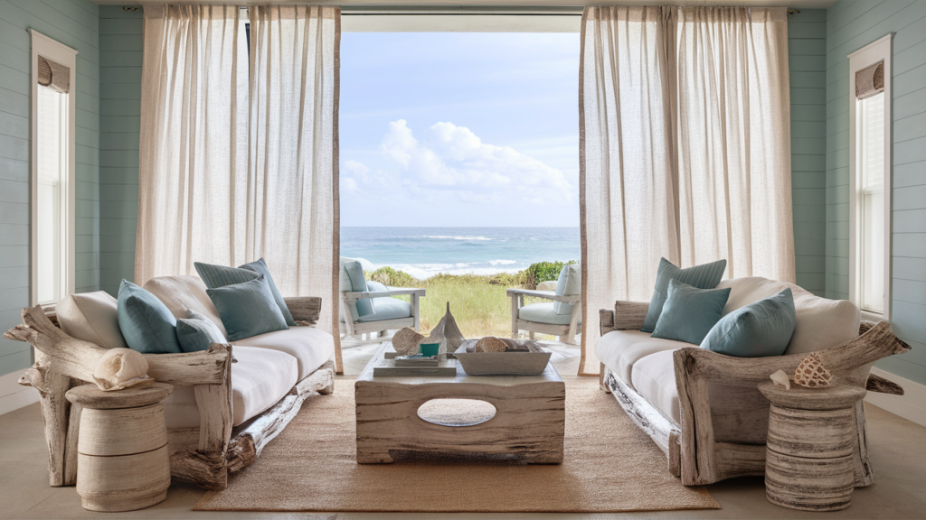 A serene coastal living room sandy neutrals, featuring driftwood furniture