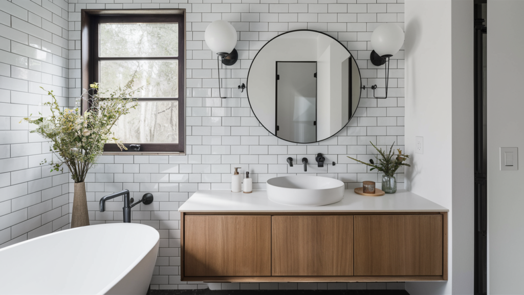 A serene minimalist bathroom with a white subway tile backsplash