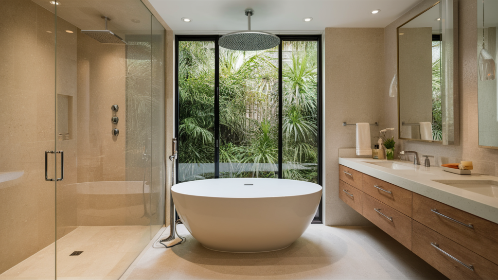 A serene spa-like bathroom with a freestanding soaking tub