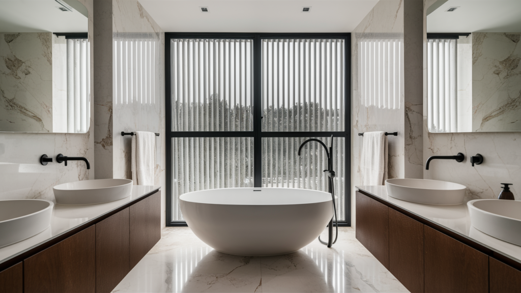 A sleek modern bathroom with a freestanding soaking tub