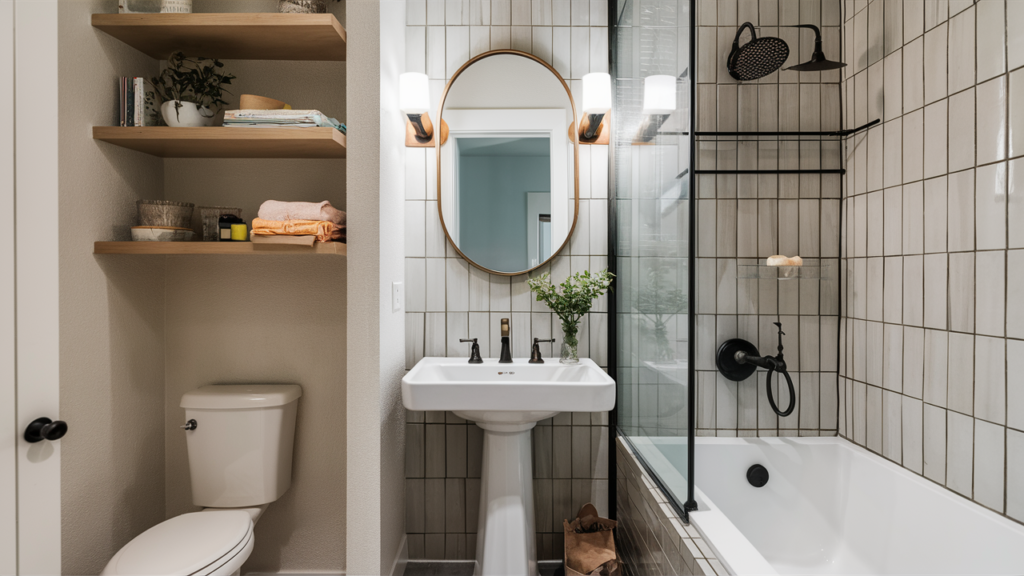 A small bathroom renovation with space-saving floating shelves