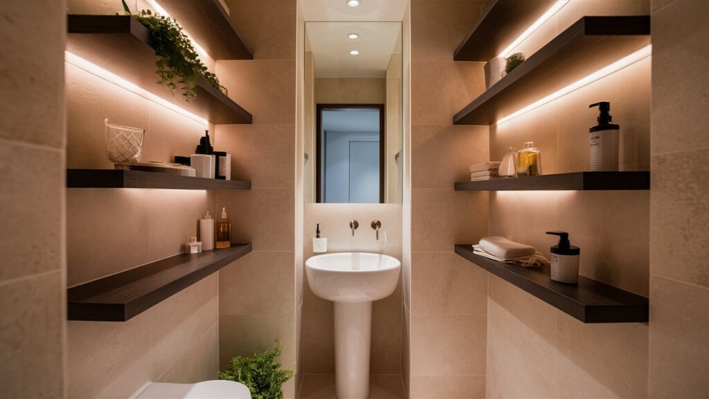 A small bathroom renovation with space-saving floating shelves