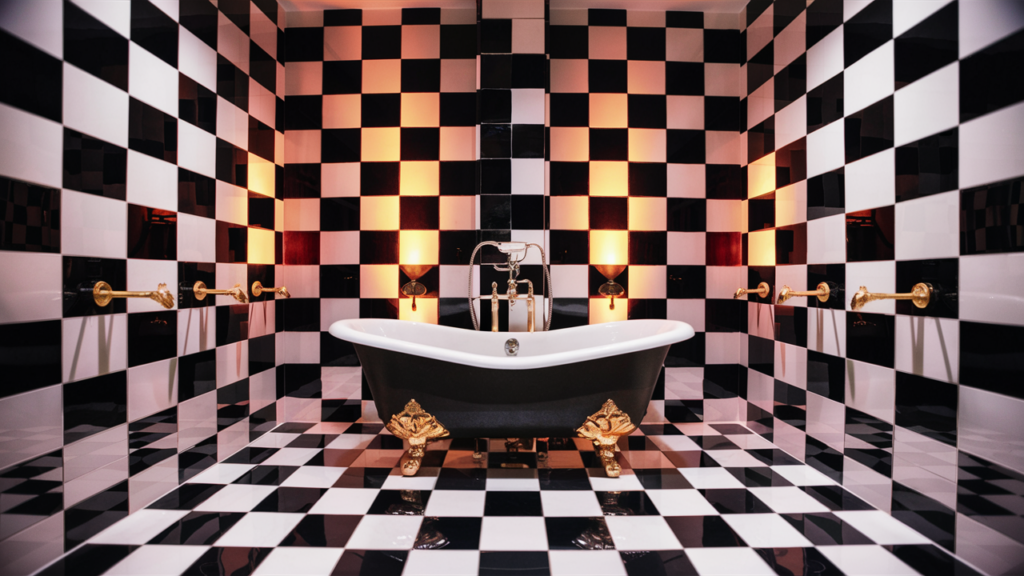 Bathroom design featuring bold black and white checkerboard tiles.