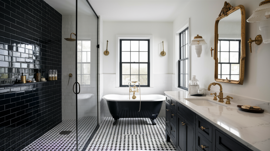 A striking modern farmhouse bathroom design