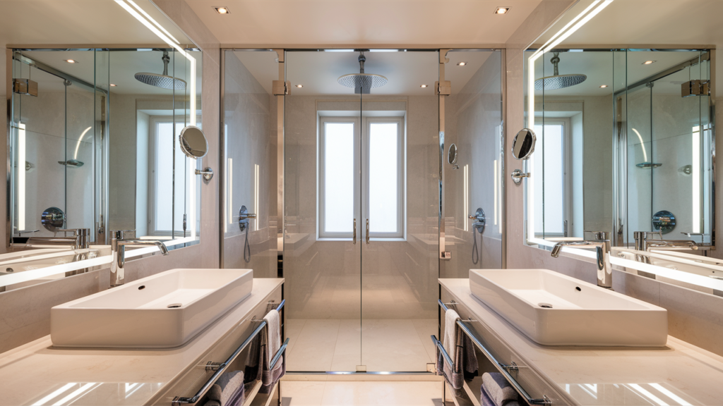 A stunning, luxurious modern bathroom with sleek and elegant design elements