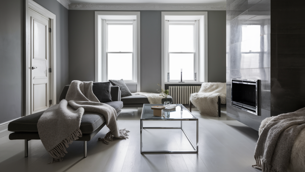 A stunning monochromatic living room in neutral grays and whites