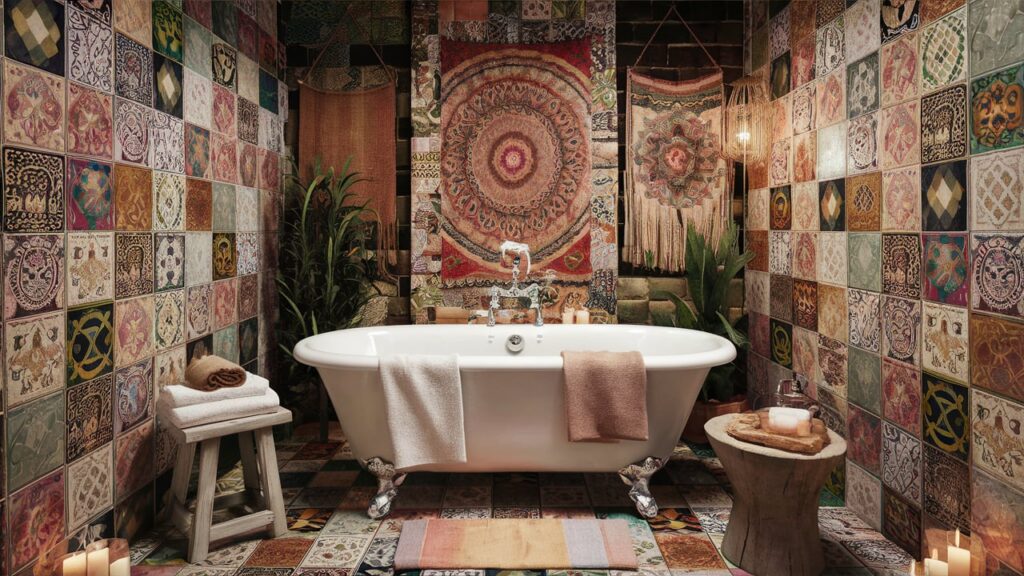 A vibrant and eclectic boho-inspired bathroom