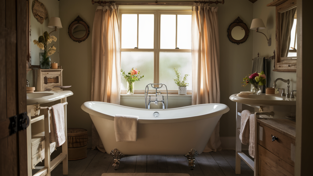 A warm and inviting photo of a rustic farmhouse bathroom