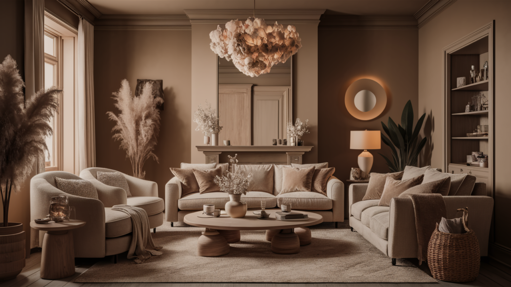 Elegant Monochrome Living Room in Beige and Taupe Featuring Plush Sofas