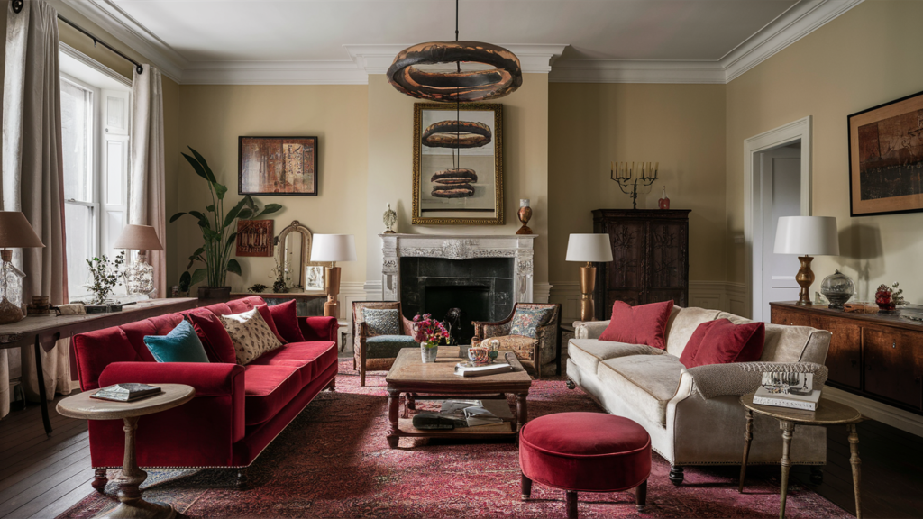 An eclectic mix of styles plush velvet seating, antique wooden tables, and modern ligh