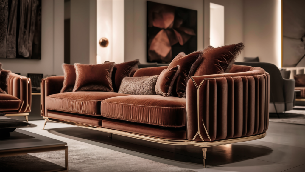 An exquisite of a luxurious living room showcasing a stunning velvet sofa